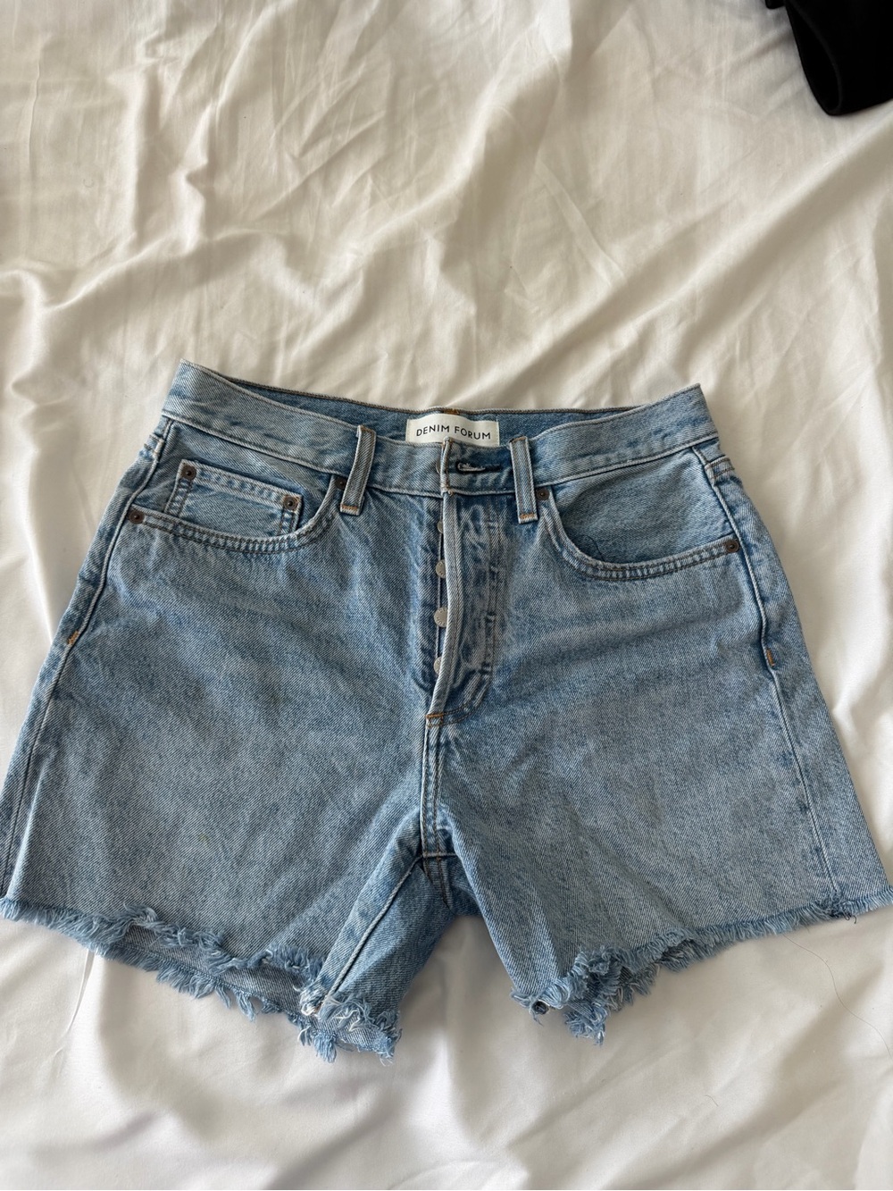 Denim Forum Light Blue High-Rise Distressed Hem Denim Shorts